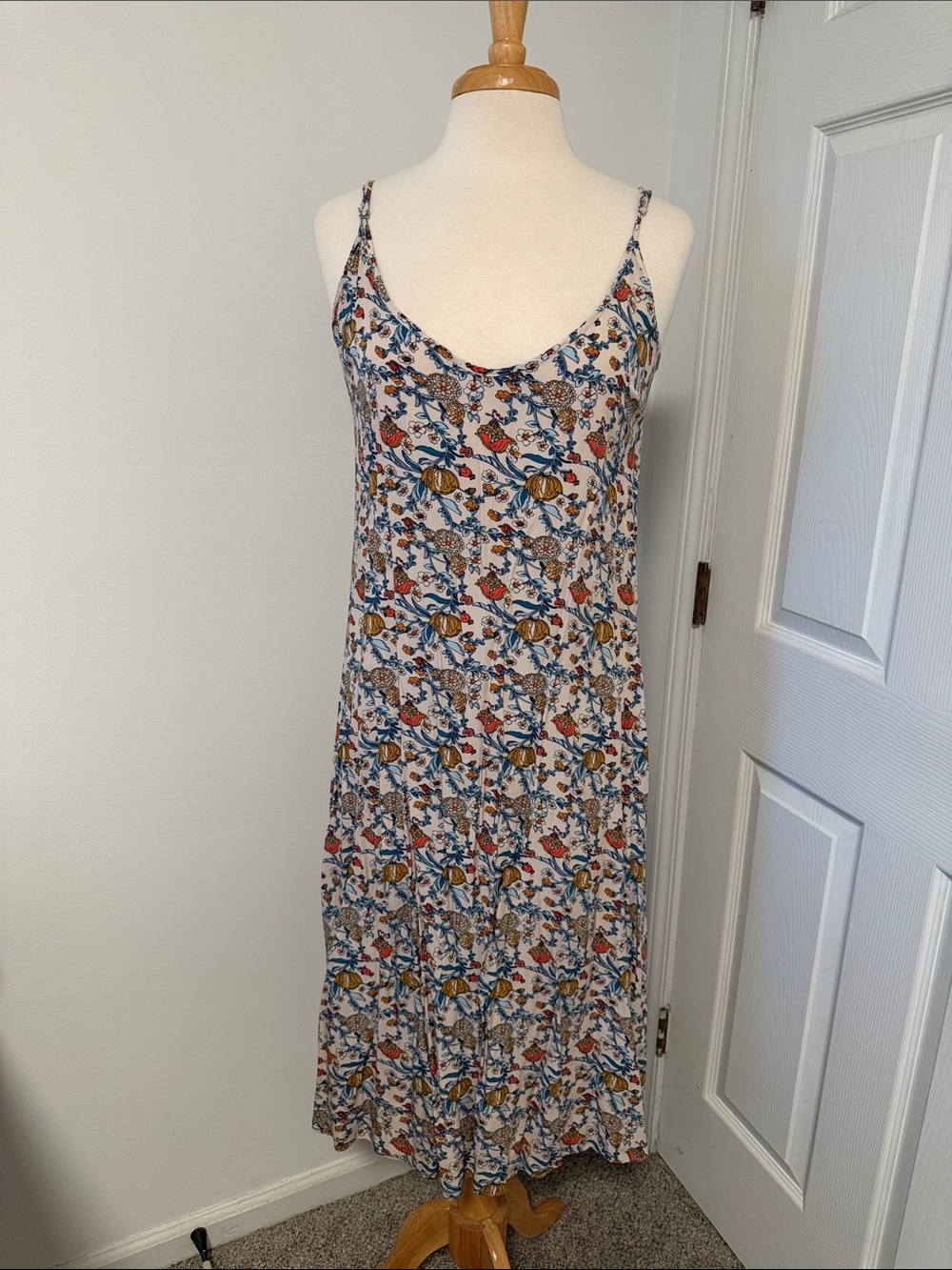 NATURAL LIFE Cream Floral Midi Dress with Blue & Mustard Accents